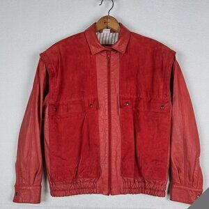 90’s Saks Fifth Avenue Suede Leather Bomber Jacket Red Zip Womens 12 Chest: 42”
